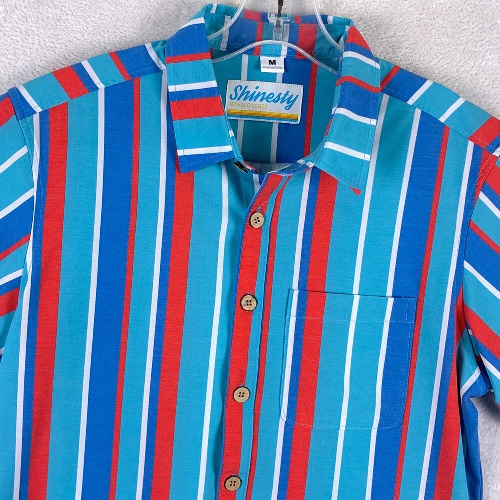 Shinesty Camp Shirt Men M Blue Red Stripe Preppy Retro Surfer Beach Boys Summer
